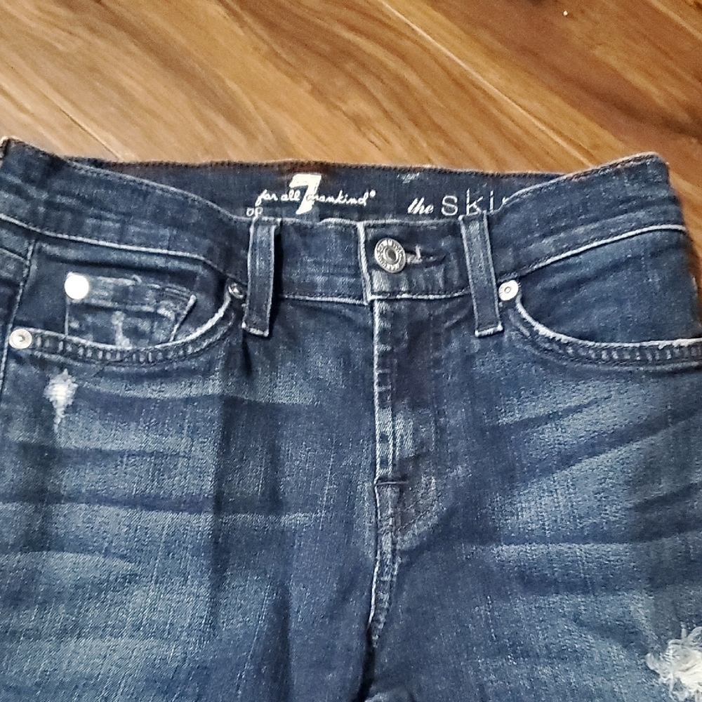 7 For All Mankind Dark Blue Distressed Skinny Jeans - Picture 4 of 7